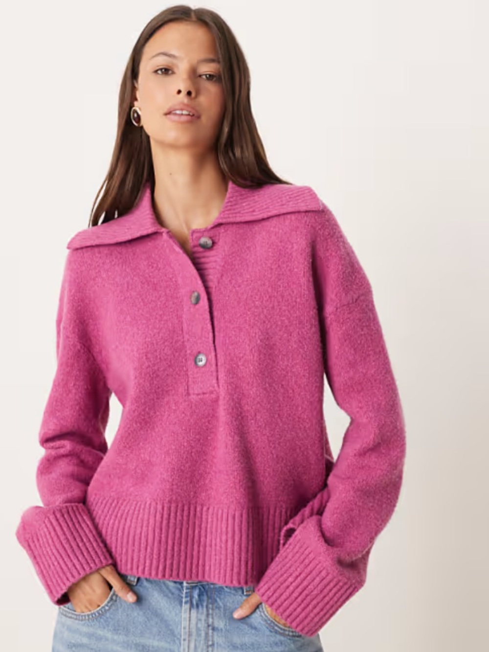 Free People Fuchsia Button-Collar Knit Pullover